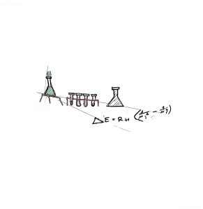Ручной эскиз татуировки: колбы, пробирки и формула ΔE = RH(1/n₁² - 1/n₂²) на белом фоне