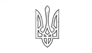Черно-белый эскиз татуировки со стилизованным украинским гербом (трезубцем), выполненный в технике контурной штриховки (hatching) на белом фоне