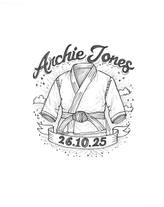 Черно-белый эскиз татуировки: кимоно с поясом, имя Archie Jones над ним, дата 26.10.25 на ленте внизу, стилизованные облака и брызги вокруг — в честь Всемирного дня карате