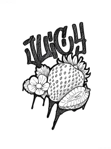 Черно-белый эскиз татуировки с крупной клубникой, цветами и текстом Juicy, выполненный в стиле графика с элементами дропа