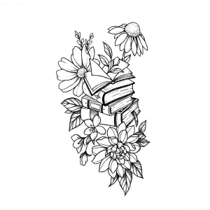 Черно-белый эскиз татуировки в стиле лайнворк, изображающий стопку книг, окруженную цветами и листьями, как символ любви к чтению и знаниям