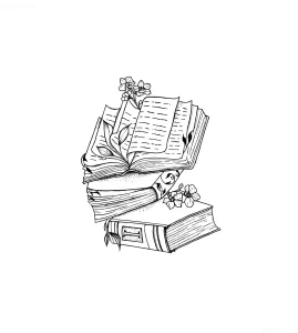 Черно-белый эскиз татуировки с открытой книгой, стопкой книг и цветами — идеальный вариант для тату в честь Общероссийского дня библиотек