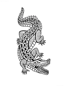 Чёрно-белый эскиз татуировки крокодила в стиле blackwork с детализированными чешуйками, острыми зубами и изогнутым телом — готовый дизайн для нанесения на кожу
