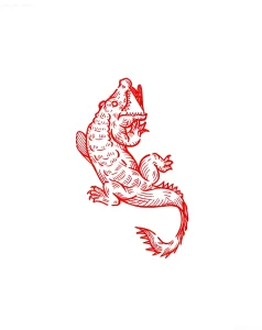 Красный эскиз татуировки крокодила, изображенного в прыжке с открытой пастью и острыми зубами, выполненный в технике лайнворк на белом фоне