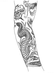 Черно-белый эскиз татуировки на ноге с изображением крокодила, цветов и мистических элементов в стиле нео-традишнл