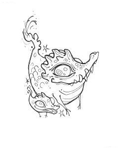 Черно-белый эскиз татуировки в стиле doodle с изображением фантастического крокодила, украшенного узорами, звездами и волнами