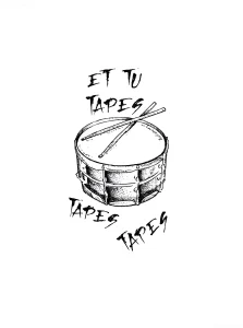 Черно-белый эскиз татуировки в стиле шрифт с надписью ET TU TAPES и изображением земного шара