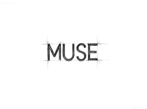 Черно-белый эскиз татуировки с текстом MUSE, выполненный в стиле hand-drawn с видимыми линиями построения и штриховкой