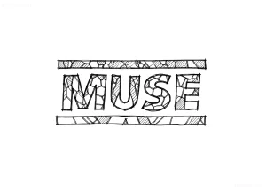 Черно-белый эскиз татуировки с крупной надписью MUSE, обрамлённой двумя горизонтальными полосами с текстурой трещин и штриховки — стиль скетч/гранж, подходит для纪念日 муз