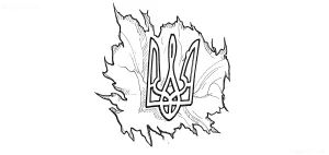 Черно-белый эскиз татуировки: стилизованный тризуб в центре, окружённый разорванным контуром карты Украины — символ патриотизма и национальной идентичности