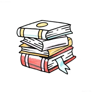 Рисунок для татуировки: аккуратная стопка из четырех книг в стиле скетч с яркими обложками и голубой закладкой