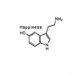 Черно-белый эскиз татуировки молекулы серотонина с надписью 'Happiness' и химическими группами HO, NH2, NH — идеальный вариант тату ко Дню химика 31 мая