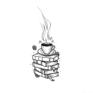 Черно-белый эскиз татуировки в стиле лайн-арт: стопка из пяти старых книг с закладками, на вершине — чашка кофе с паром, вокруг — декоративные элементы в виде листьев и точек. Идеальный вариант тату для поклонников литературы и библиотек.