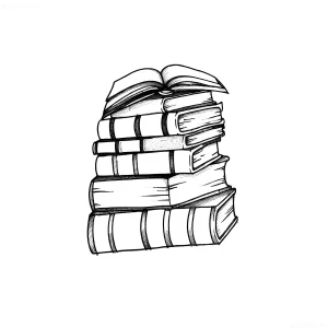 Чёрно-белый эскиз татуировки в стиле лайнворк: высокая стопка книг, увенчанная раскрытой книгой — символ знаний и празднования Общероссийского дня библиотек 27 мая