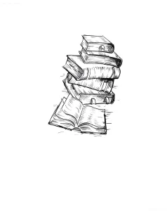 Черно-белый эскиз татуировки в стиле лайнворк: высокая стопка книг, нижняя книга раскрыта, страницы волнистые, видны корешки и переплеты — символ знаний и чтения