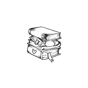 Черно-белый эскиз татуировки в стиле лайнворк — стопка из трёх книг, нижняя с сердцем на корешке и выходящей закладкой, средняя с двумя закладками, верхняя простая; символизирует любовь к чтению и библиотекам