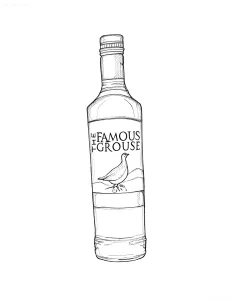 Черно-белый эскиз татуировки на тему виски The Famous Grouse, изображающий бутылку с лисой и надписью