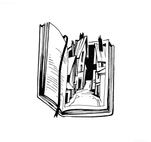 Черно-белый эскиз татуировки в стиле графика: раскрытая книга, из которой выходит узкая улочка с домами, выполненная в технике контурной линии с акцентами на перспективе и глубине