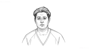 Черно-белый эскиз татуировки, изображающий портрет мужчины с густыми волосами и серьезным выражением лица.