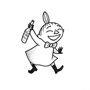 Чёрно-белый эскиз татуировки в стиле cartoon: улыбающийся официант в фартуке и бабочке, держащий бутылку с надписью 'VODKA', бежит вперёд с радостным выражением лица