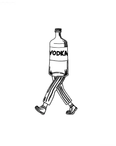 Черно-белый эскиз татуировки — бутылка водки с надписью VODKA, оснащённая человеческими ногами в спортивной одежде и кроссовках, идущая вперёд. Стиль минималистичный, контурный, подходит для small tattoo или flash-дизайна.