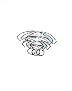 Ручной эскиз татуировки в виде символа Wi-Fi с переплетёнными дугами, закрашенными пастельными оттенками розового, голубого и серого — идеальная идея для тату ко Всемирному дню Wi-Fi 20 июня