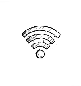Черно-белый эскиз татуировки в виде символа Wi-Fi с тремя дугами и точкой внизу, выполненный в стиле hand-drawn sketch с штриховкой