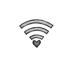 Черно-белый эскиз татуировки в виде символа Wi-Fi с сердцем внизу, выполненный в стиле скетча с штриховкой