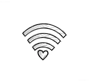 Черно-белый эскиз татуировки в стиле скетч: три дуги Wi-Fi сигнала над сердцем, выполненным в технике штриховки. Символизирует связь технологий и эмоций.