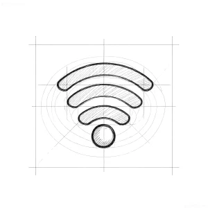 Черно-белый эскиз татуировки в виде символа Wi-Fi, выполненный в стиле технического чертежа с направляющими линиями, концентрическими кругами и диагональной штриховкой внутри элементов