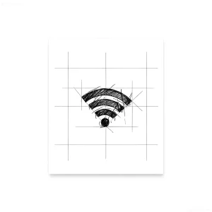 Черно-белый эскиз татуировки в виде символа Wi-Fi, выполненный в стиле скетч с видимыми построительными линиями и сеткой для масштабирования