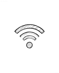 Черно-белый эскиз татуировки в виде знака Wi-Fi, выполненный в технике скетча с штриховкой, на белом фоне — идеален для празднования Всемирного дня Wi-Fi 20 июня