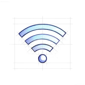 Детальный эскиз татуировки с символом Wi-Fi, выполненный в технике технического чертежа с синими линиями и построениями на белой бумаге