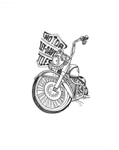 Чёрно-белый эскиз татуировки с изображением классического мотоцикла Harley-Davidson и фирменного щита, выполненный в стиле американского традишнл