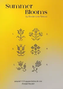Каталог татуировок Summer Blooms от студии Border-Line Tattoos, демонстрирующий шесть эскизов в технике точечной росписи на желтом фоне