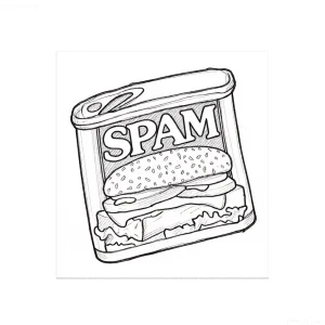 Черно-белый эскиз татуировки, изображающий банку с надписью SPAM и стопку сэндвичей с колбасками внутри