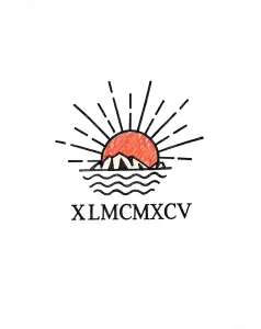Красивый эскиз татуировки с красным солнцем, горами и волнами
