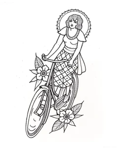 Черно-белый эскиз татуировки, изображающий силуэт человека на велосипеде, окруженный крестами и лавровыми ветвями, символизирующий День благословения велосипедов.