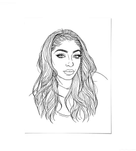 Черно-белый графический эскиз татуировки в стиле 'line art' с изображением женского лица, окруженного сложными завитками и линиями.