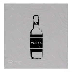 Черно-белый эскиз татуировки с бутылкой водки, надпись VODKA на этикетке, минимализм, контурный стиль