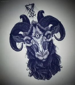 Детальный черно-белый эскиз головы барана с тремя рогами и третьим глазом на лбу в стиле графического реализма и blackwork