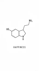 Черно-белый химический эскиз молекулы серотонина с подписью Happiness, пример татуировки для Дня химика