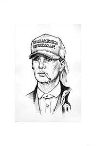 Черно-белый эскиз татуировки лица Томаса Шелби из сериала Peaky Blinders, выполненный в агрессивном графическом стиле с обилием штриховки и динамичными линиями.