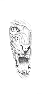 Black and white sketch of a tattoo, depicting a human silhouette with an expression of pain or suffering, rendered with thin lines and shading.