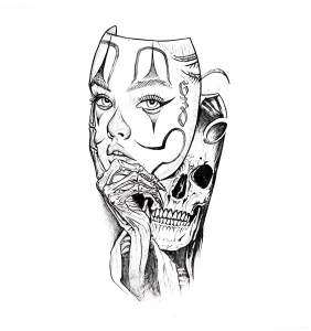 Detailed black and white drawing (tattoo sketch) of a human silhouette in a dynamic pose, executed in a graphic illustration style with abundant shading and contour lines.