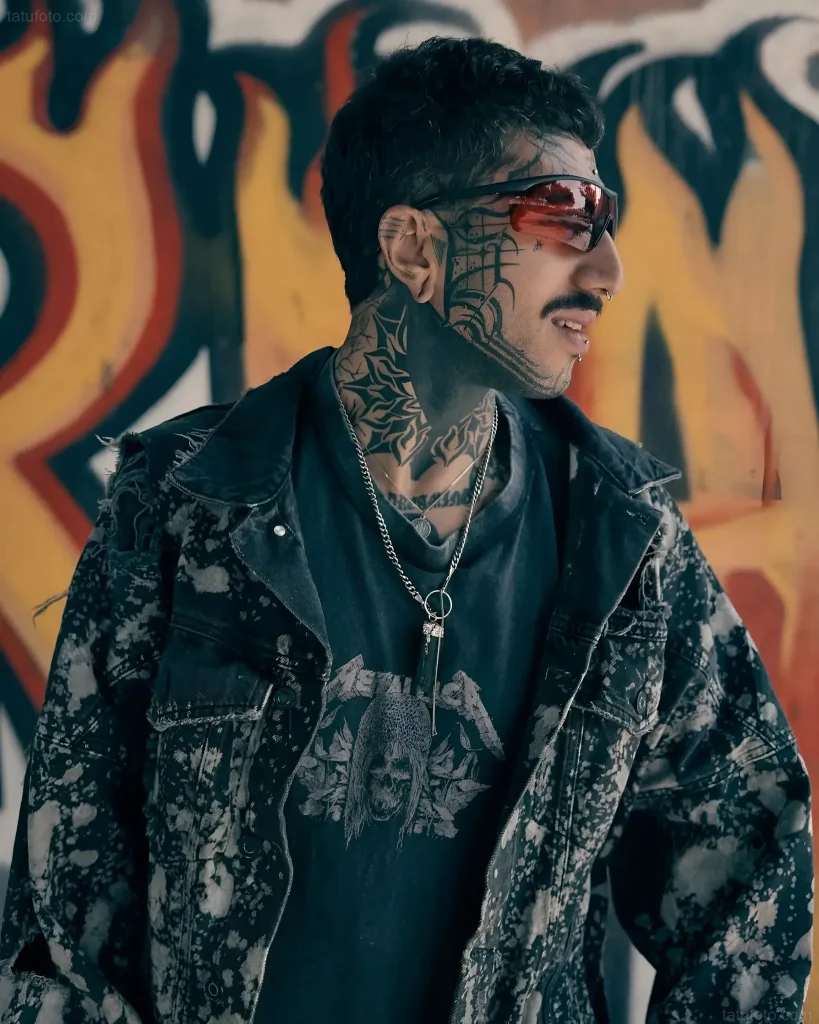 Mann mit einzigartiger Tattoo-Grafik im Gesicht und am Hals, der vor einer Graffiti-Wand posiert, ein Beispiel für den Stil eines Tattoo-Models