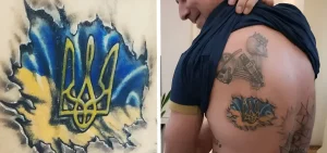 Сравнительное фото: эскиз татуировки с Тризубом на фоне украинского флага и готовая татуировка на спине тренера Андреа Мальдеры