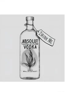 Черно-белый эскиз татуировки в стиле дотворк: бутылка водки Absolut с листом конопли и биркой Drink Me