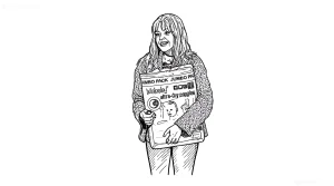Черно-белая татуировка на плече, изображающая множество мелких портретов, надписей и символов в стиле neo-traditional.