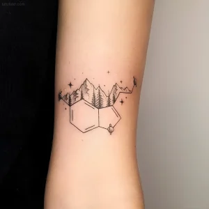 Черно-белая татуировка на руке, изображающая химическую формулу, из которой вырастает пейзаж с горами, елями и звездами